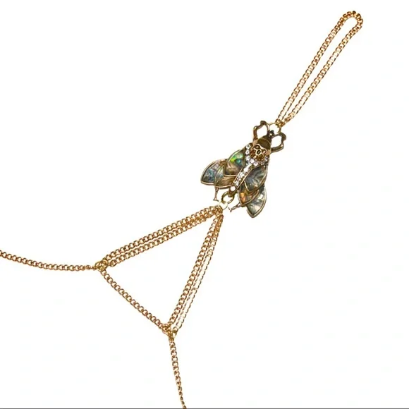 Gold & Abalone Iridescent  Skull Moth Statement Hand Chain - Picture 5 of 14